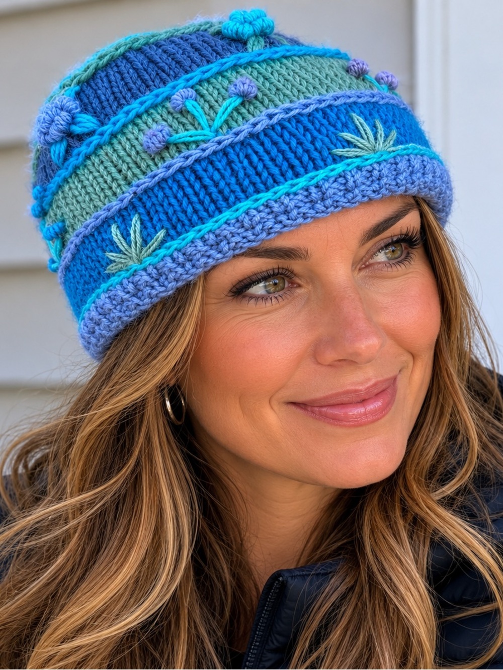 Handmade in Nepal Blue & Green Floral 100% Wool Knit Beanie Hat